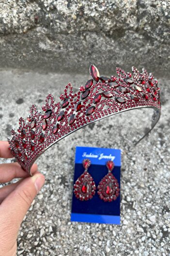Hobigram Amara Burgundy Crown and Drop Shuttle Earrings Set – Sparkling Evening Dress Bridal Set