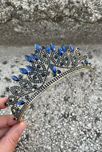 Hobigram Grace Navy Blue Gold Crown – Sparkling Stone Bridal Henna Crown, Wedding Evening Dress Accessory Model