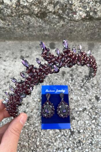 Hobigram Thalia Crown Drop Shuttle Earrings Set Purple – Sparkling Evening Dress Accessory with Stones for Bridal Henna Wedding