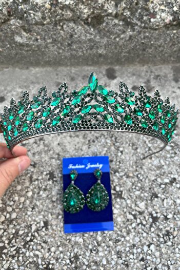 Hobigram Amara Green Crown and Drop Shuttle Earring Set – Sparkling Evening Dress Bridal Set
