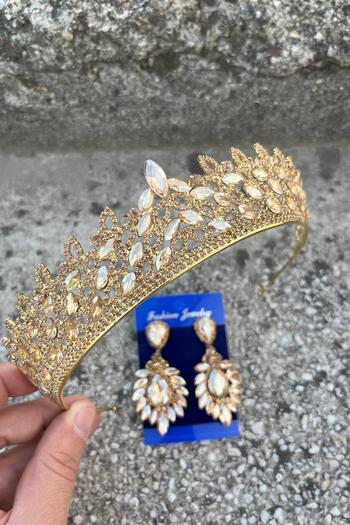 Hobigram Σετ σκουλαρίκια Amara Gold Crown και Wide Shuttle – Σετ νυφικού φορέματος με λάμψη
