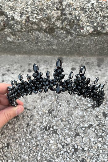 Hobigram Thalia Model Black Crown – Bridal Henna Wedding Evening Dress with Stones for Showy Hair Crown