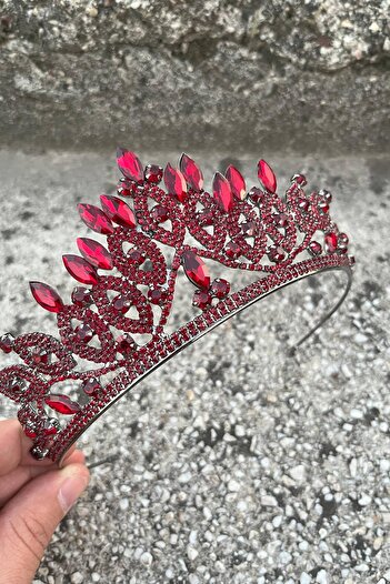 Hobigram Grace Burgundy Crown – Sparkling Stone Bridal Henna Crown, Wedding Evening Dress Accessory Model