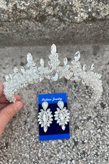 Hobigram Thalia Crown Thin Shuttle Earrings Set Silver – Sparkling Evening Dress Accessory with Stones for Bridal Henna Wedding