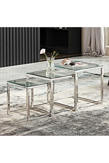private house Set of 3 silver stainless steel serving tables