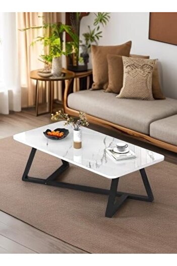 AGD Coffee Table for Living Room, High Quality Steel Frame, Rectangular Multifunctional Table/ White