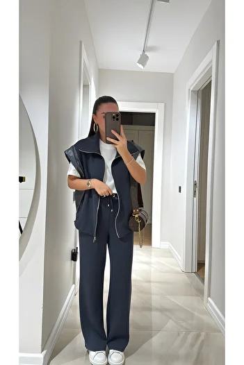 TLG GİYİM Women's Vest Pants Suit Waist Elastic Zipper Vest Stylish Bottom-Top Suit