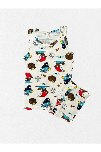 elmas kids Boys' 100% Cotton White Color Captain Parrot Patterned Network Part Stitched Undershirt Boxer Set