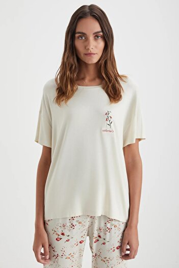 Catherine's Women's Beige Floral Viscose Pajamas Set – Short Sleeve, Summer, Solid Top C4T0N72