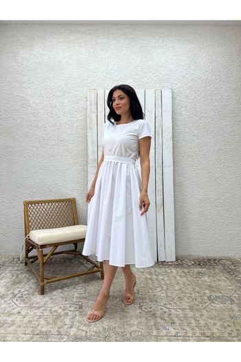 KÜÇÜĞÜM BUTİK Crew Neck White Poplin Flared Gathered Dress