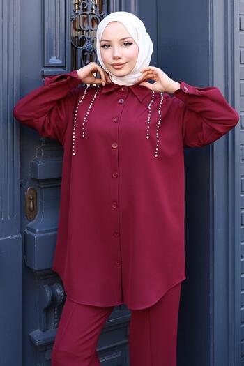 Modamihram Pearl Detailed Suit Claret Red 19259