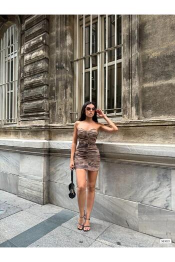 Modafeminen Strapless Neckline Gathered Mini Tulle Dress 583021 Brown