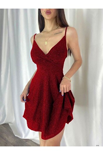 Modafeminen Thin Strap Double Breasted Collar Glitter Dress 582115 Red
