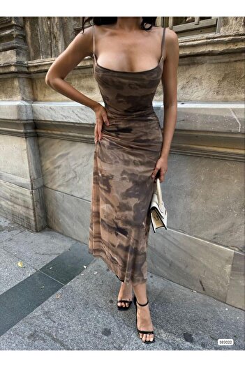 Modafeminen Patterned Straight Strap Dress 583022 Brown