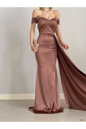 Modafeminen Satin Fabric Off Shoulder Maxi Length Dress 582441 Brown