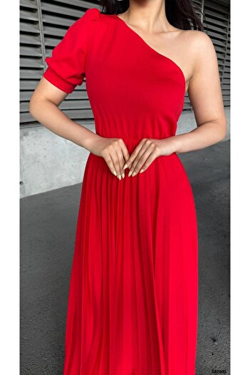 Modafeminen One Shoulder Pleated Long Evening Dress 582902 Red