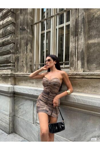 Modafeminen Strapless Neckline Gathered Mini Tulle Dress 583021 Brown
