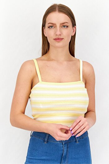 Sinsay Women Square Neck Sleeveless Stripe Cami Top, White/Yellow