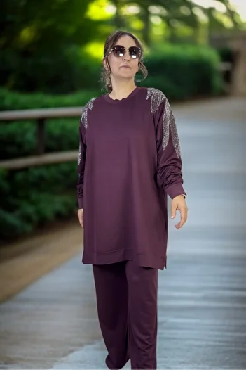 yagmurberen CRYSTAL 2 THREAD LYCRAL FABRIC STONE EMBROIDERY DETAIL EXTRA LARGE SIZE TUNIC PANTS DOUBLE SET