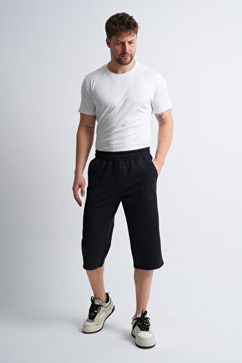 Shooter Sportswear Чоловічі літні капрі Elite темно-сині з вишивкою, зручний крій, регульована талія на резинці, довгі шорти