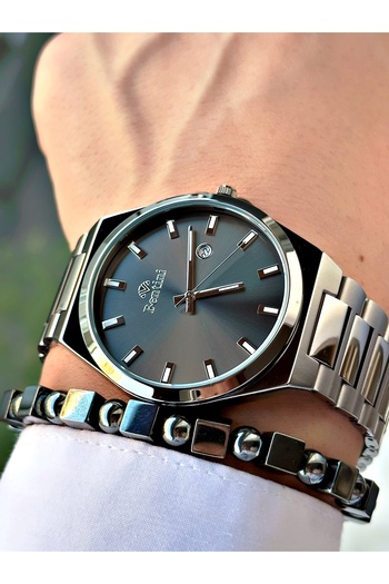 Bentini Men's Wrist Watch with Calendar – Steel Band, Waterproof, 2-Year Warranty, Gift Bracelet