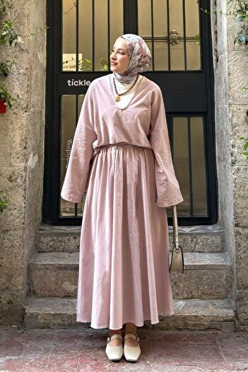 Ceylan Otantik Dusty Rose Organic Linen Balloon Skirt & V-Neck Blouse Set