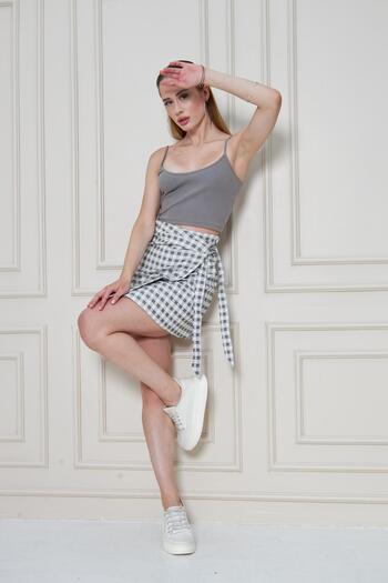 Kutaf Plaid Patterned Double Breasted Mini Skirt – Tie-Up Summer Model