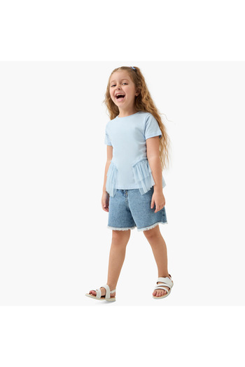 Juniors Solid Top with Tulle Detail and Short Sleeves