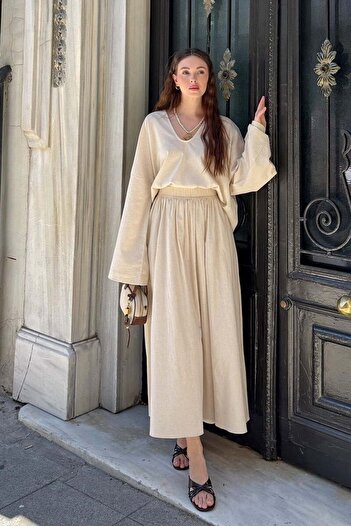 Ceylan Otantik Organic Linen Balloon Skirt & V-Neck Blouse Set