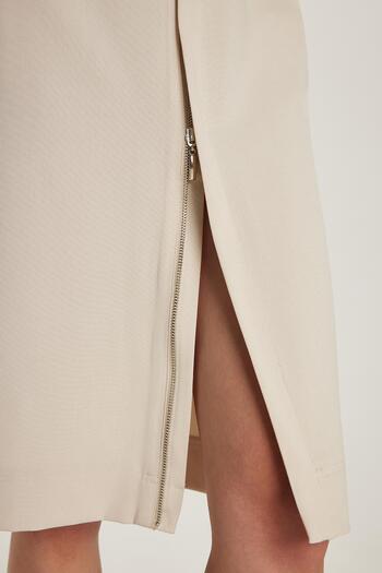 Tudors Women's Slim Fit Midi Length Beige Skirt with Zipper Detail on the Front