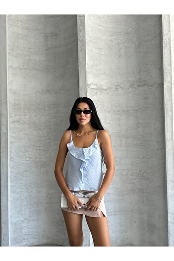 solena sln Kadın Askılı Önü Fırfırlı Yazlık Müslin Bluz