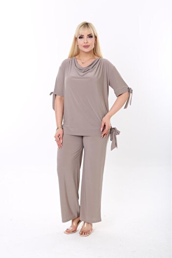 BİrHoşButik Plus Size Full Lycra Sandy Fabric Sweat-Proof Sleeves Lace-Up Loose Collar Elastic Waist Trend Suit