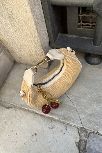 LEONAS Women's Hand and Shoulder Bag Alyona Straw Cream with Cherry Charm Gift