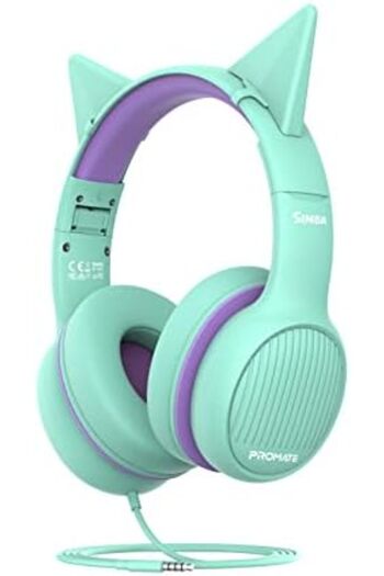 Promate Kids Headset, Cute Kids Safe Foldable Wired Over-Ear Headphones with Audio Share Port, Remov