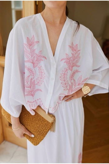 BRTC design Women's Ecru Pink Shawl Pattern Embroidered Bat Sleeve Elastic Waist Blouse Skirt Set