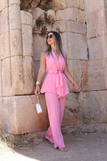 bytugcekaya Pink Tie-Up Crinkle Blouse Pants Set