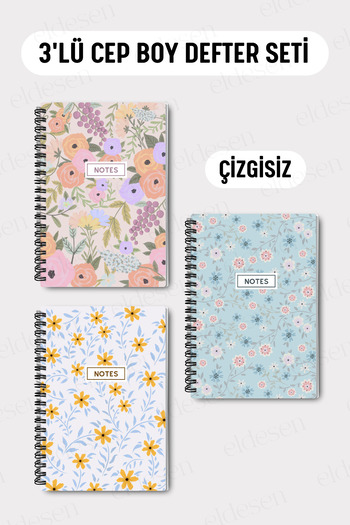 Eldesen Tasarım Set of 3 Pocket Size A6 Spiral Unlined Notebooks, Cardboard Cover 10X14 Cm, 50 Sheets 100 Pages