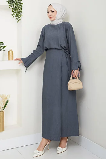 hafsamina Lace Detailed Skirt Suit Smoked Hm2724