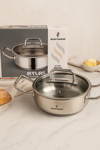 Sofram Yeşiltan Atlas Series 20 cm Flattened Pot – 1.80 L, 18/10 Stainless Steel, Induction Compatible
