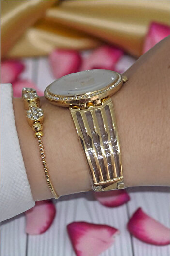 Dice Kayek 5 Atm Waterproof White Dial Gold Yellow Stone Women's Wristwatch with Stone Bracelet Gift