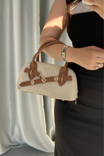 LEONAS Belt Detailed Crossbody Women's Hand and Shoulder Bag Zerith Tan Straw