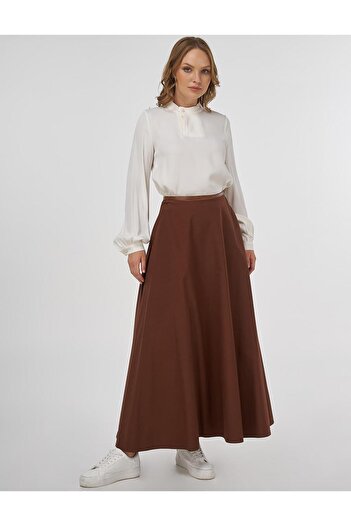 Kayra Piping Detailed Flared Skirt Brown