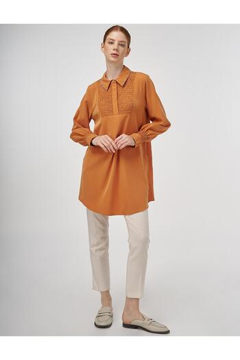Kayra Stone Embroidered Shirt Collar Natural Fabric Tunic Amber