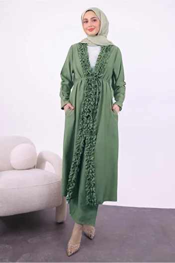 TRENDTESETTÜR Women's Green (Çağla) Ruffle Pants Suit t 1284