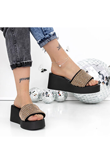 mei Women's Platform Slippers 3GZ52 Black-Champagne | Mei