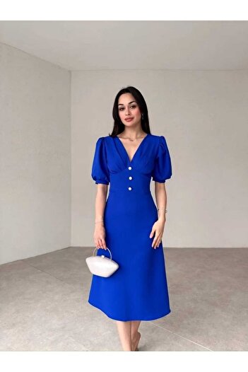 MODA DURAĞI Rochie midi pentru femei, albastru saks, cu decolteu în V, mâneci balon, cu detaliu de nasturi