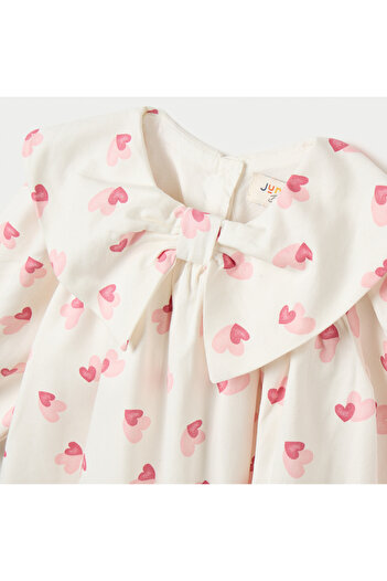 Juniors Heart Print A-Line Dress with Long Sleeves and Bow Accent
