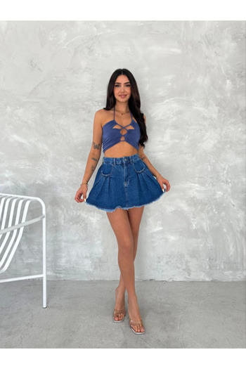 Modayakamoz Mini-fustă elegantă de vară plisată din denim - Saks Blue