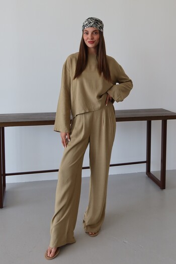 Laluvia Khaki Marisol Blouse Pants Suit - 8760