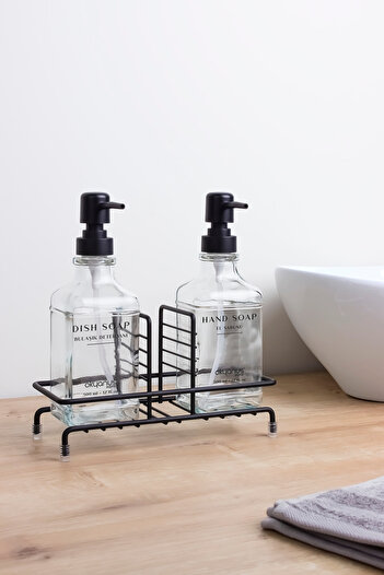 Okyanus Home Siyah  ve Standlı İkili Kare Cam Sıvı sabunluk 500ml